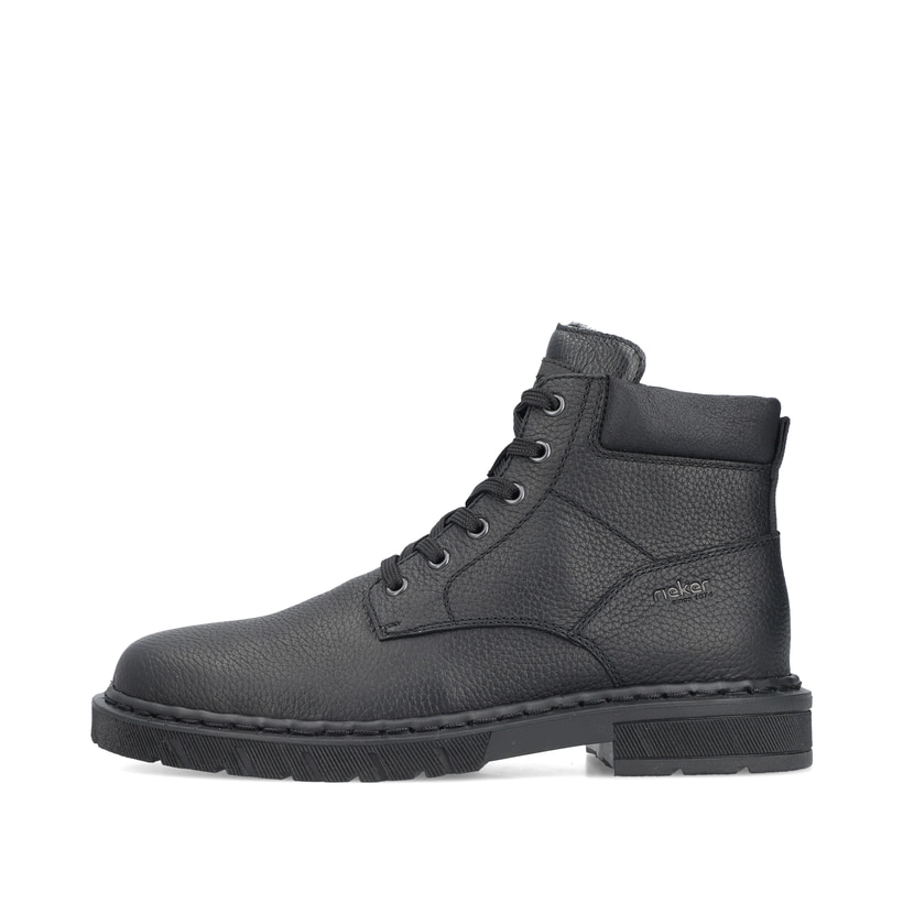 Mattschwarze Rieker Herren Schnürstiefel 31632-00 mit einem Reißverschluss. Schuh Außenseite.