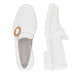 Weiße remonte Damen Loafer D1H00-80 mit Elastikeinsatz sowie modischer Brosche. Schuh von oben, liegend.