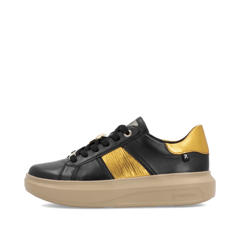 Schwarze Rieker Damen Sneaker Low W1202-01 mit einer ultraleichten Plateausohle. Schuh Außenseite.