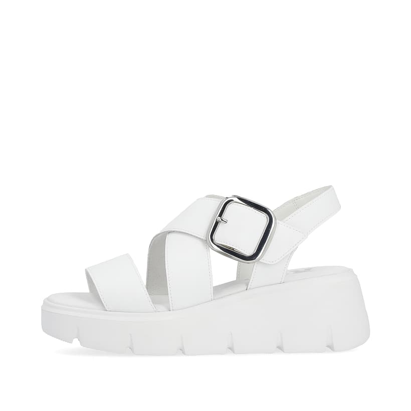 Weiße Rieker Keilsandaletten W1550-80 mit flexibler und ultra leichter Sohle. Schuh Außenseite.