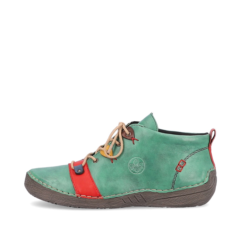 Smaragdgrüne Rieker Damen Schnürschuhe 52507-52 mit einer schockabsorbierenden Sohle. Schuh Außenseite.