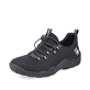 Graphitschwarze Rieker Damen Slipper L0550-01 mit einer Gummischnürung. Schuh seitlich schräg.
