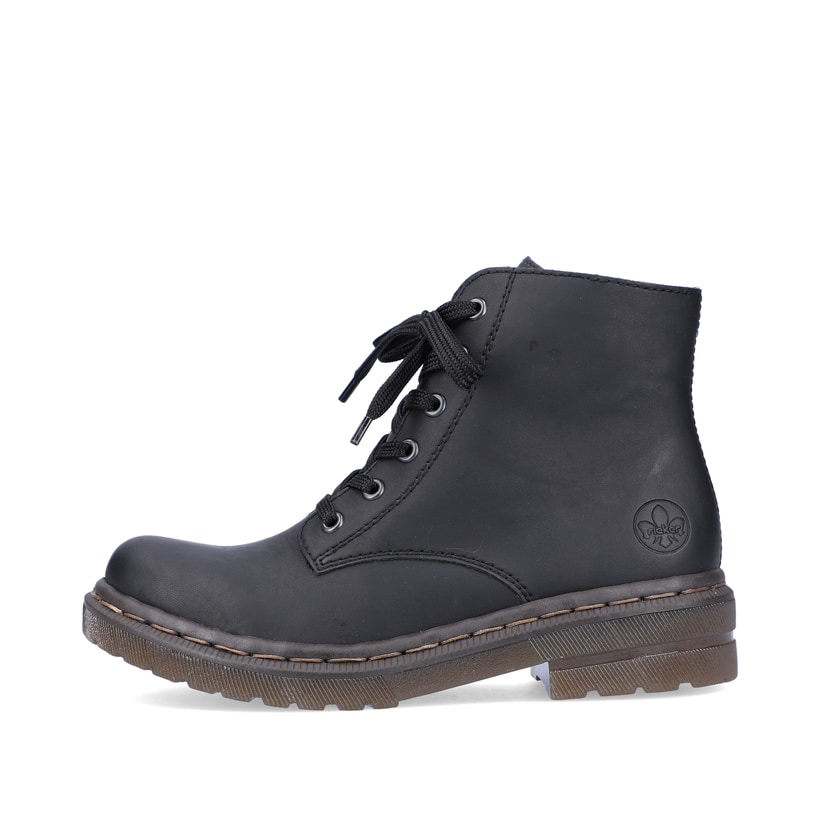 
Tiefschwarze Rieker Damen Schnürstiefel 78240-00 mit Schnürung und Reißverschluss. Schuh Außenseite