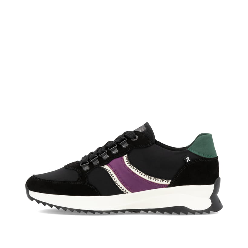 Schwarze Rieker Damen Sneaker Low W1305-00 mit einer strapazierfähigen Sohle. Schuh Außenseite.