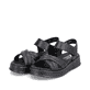 Schwarze Rieker Damen Riemchensandalen W0801-00 mit einer Plateausohle. Schuhpaar seitlich schräg.