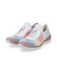 
Regenbogenfarbene Rieker Damen Slipper N4270-90 mit einer schockabsorbierenden Sohle. Schuhpaar schräg.