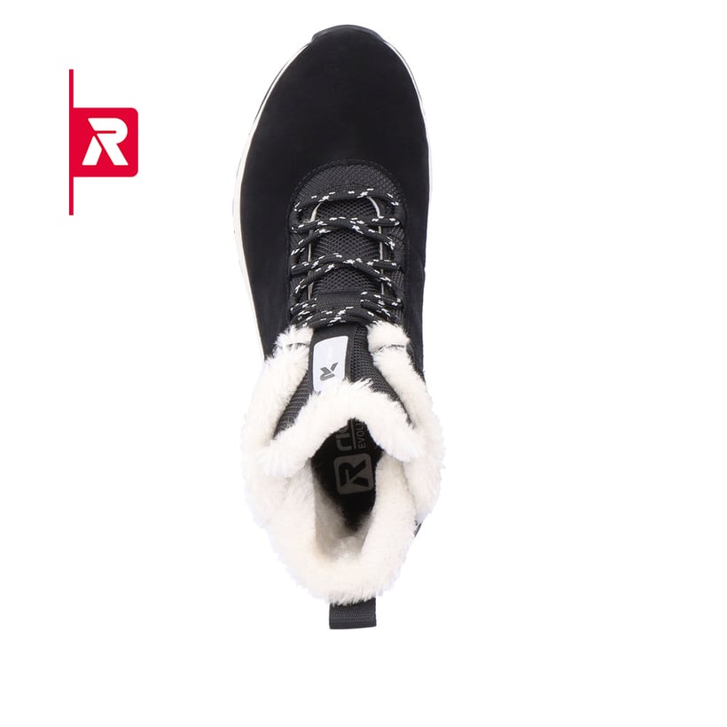 Schwarze Rieker EVOLUTION Damen Stiefel W0060-00 mit einer super leichten Sohle. Schuh von oben.
