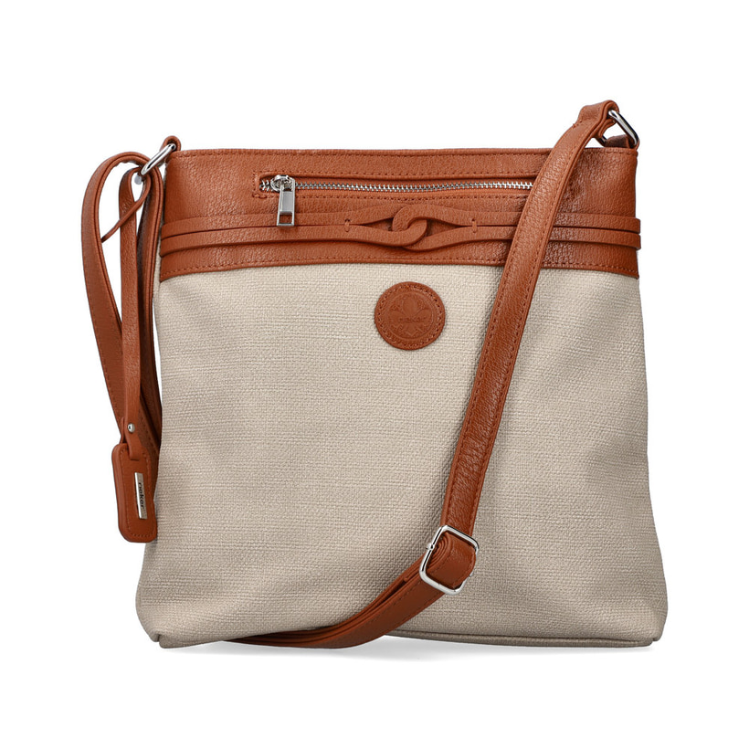 Rieker Damen Handtasche H1519-62 in Cremebeige-Karamellbraun aus Textil mit Reißverschluss. Handtasche Vorderseite.