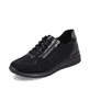 
Nachtschwarze remonte Damen Sneaker R6700-03 mit Schnürung und Reißverschluss. Schuh seitlich schräg