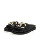 Schwarze Rieker Damen Pantoletten W1452-00 mit ultra leichter Sohle. Schuhpaar seitlich schräg.