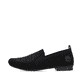 Schwarze Rieker Damen Slipper 51989-00 mit Elastikeinsatz sowie Löcheroptik. Schuh Außenseite.