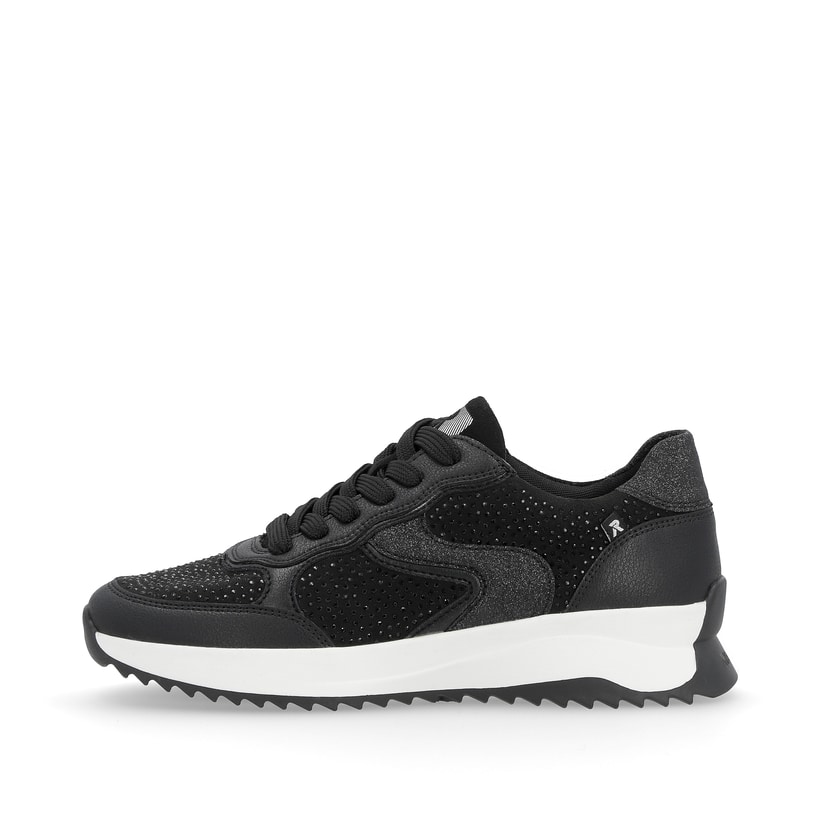 Schwarze Rieker Damen Sneaker Low W1304-00 mit einer abriebfesten Sohle. Schuh Außenseite.