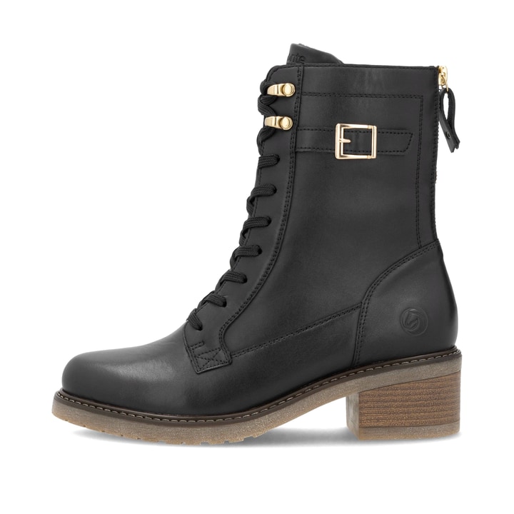 Nachtschwarze remonte Damen Schnürstiefel D1A78-00 mit goldener Zierschnalle. Schuh Außenseite.