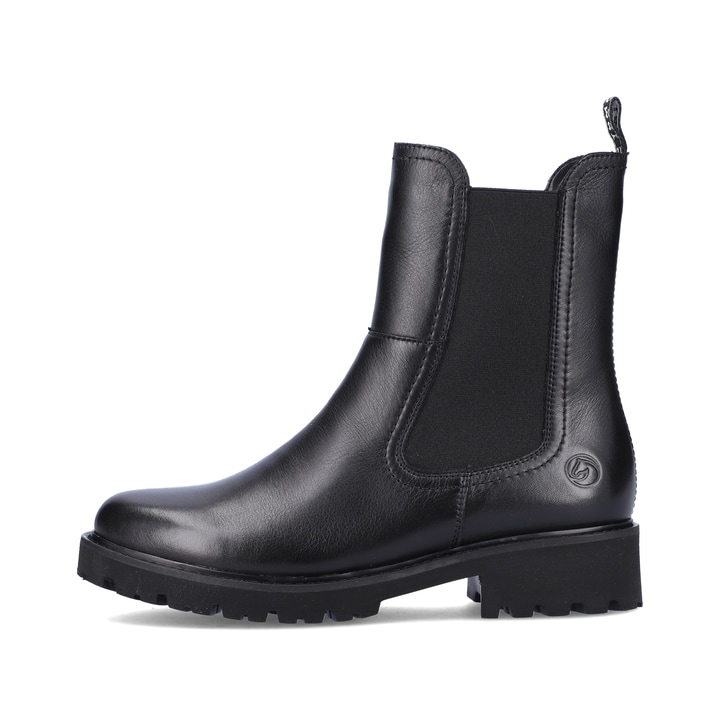 
Graphitschwarze remonte Damen Chelsea Boots D8694-00 mit einer dämpfenden Sohle. Schuh Außenseite