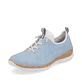 Himmelblaue Rieker Damen Slipper N4285-10 mit einer Gummischnürung. Schuh seitlich schräg.
