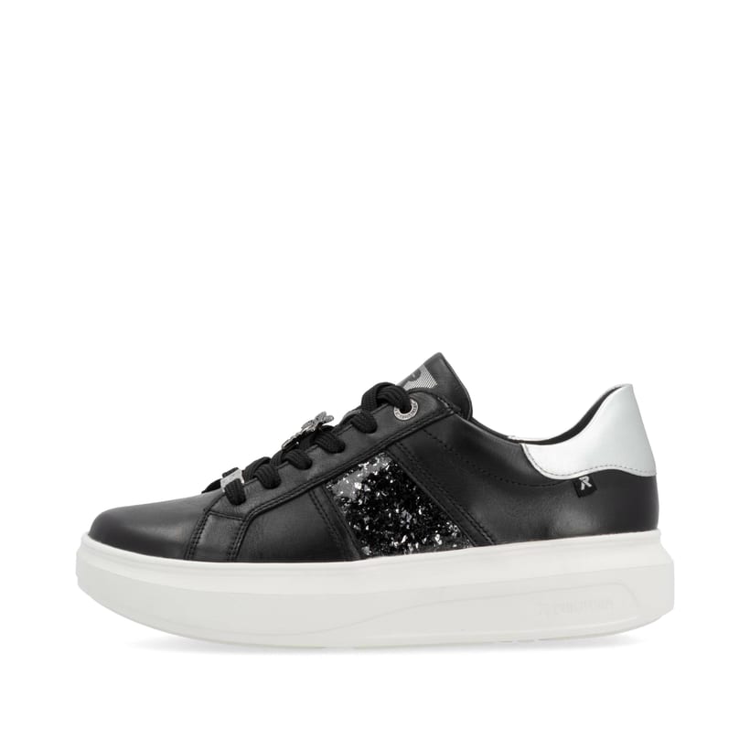 Schwarze Rieker Damen Sneaker Low W1202-00 mit einer ultraleichten Plateausohle. Schuh Außenseite.