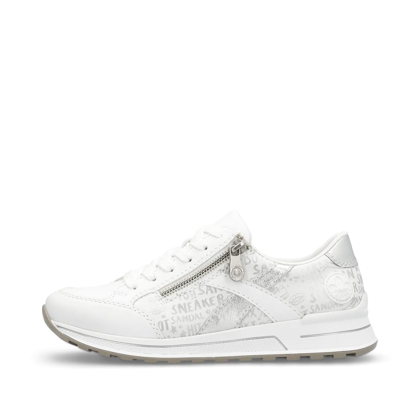 Weiße Rieker Damen Sneaker Low N1403-80 mit Reißverschluss sowie Extraweite H. Schuh Außenseite.