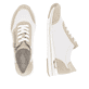 Weiße vegane remonte Damen Sneaker R6709-80 mit einem Reißverschluss. Schuh von oben, liegend.