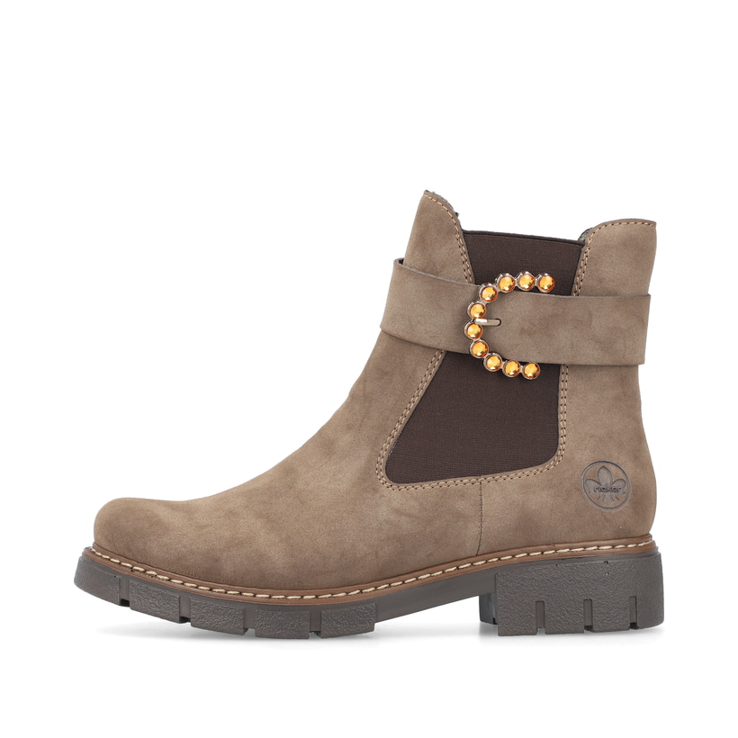 Beigebraune Rieker Damen Chelsea Boots Z3564-25 mit einem Reißverschluss. Schuh Außenseite.