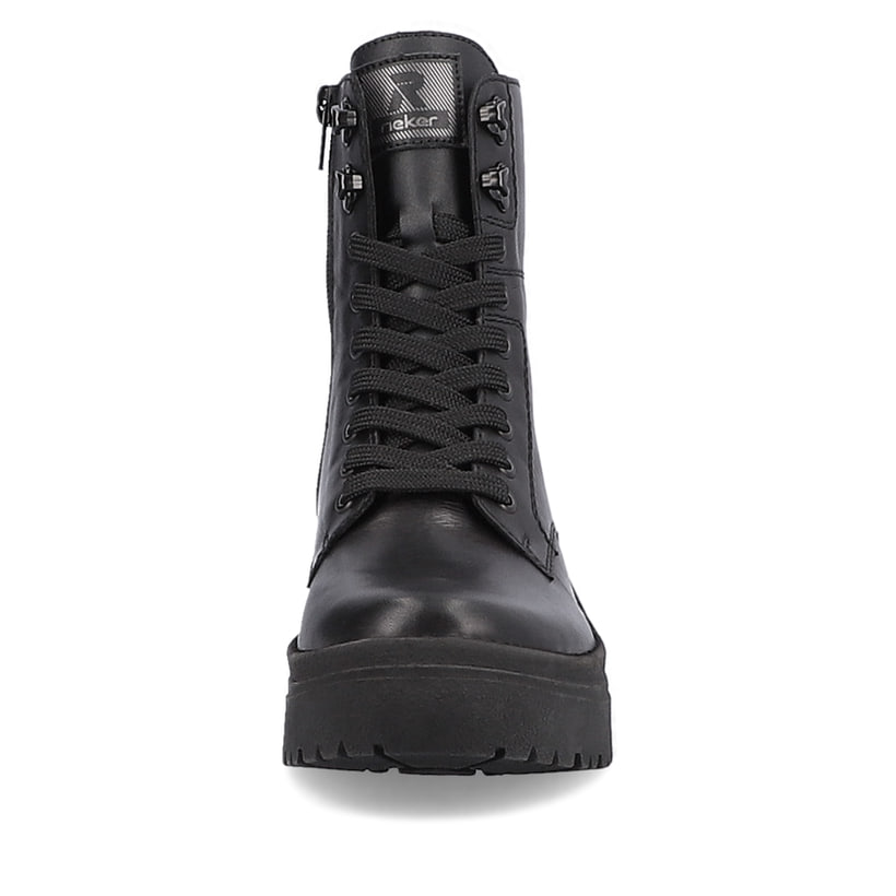 Schwarze Rieker EVOLUTION Damen Stiefel W0371-00 mit Schnürung und Reißverschluss. Schuh von vorne.