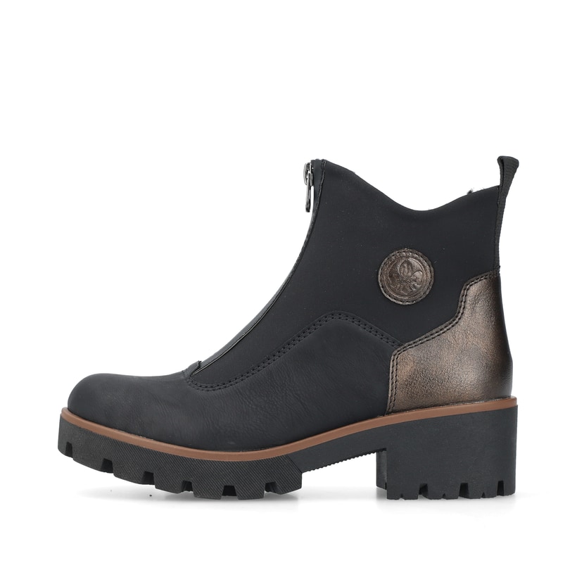 Asphaltschwarze Rieker Damen Stiefeletten 79281-00 mit einem Reißverschluss. Schuh Außenseite.