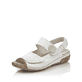 Weiße Rieker Damen Riemchensandalen V7272-80 mit einem Klettverschluss. Schuh seitlich schräg.