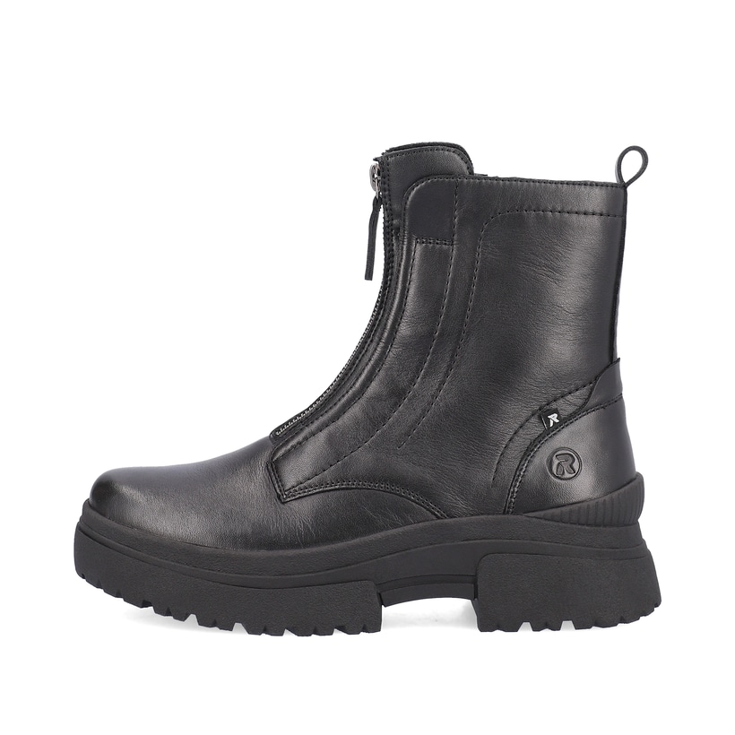 Schwarze Rieker Damen Kurzstiefel W0375-00 mit leichter Plateausohle. Schuh Außenseite.