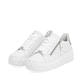 Weiße Rieker Damen Sneaker Low W0505-80 mit ultra leichter und dämpfender Sohle. Schuhpaar seitlich schräg.