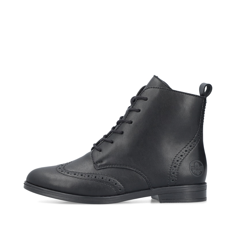 Mattschwarze Rieker Damen Schnürstiefel 46231-00 mit einem Reißverschluss. Schuh Außenseite.