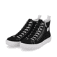 Schwarze Rieker Damen Sneaker High L9892-00 mit Reißverschluss sowie weißem Logo. Schuhpaar seitlich schräg.