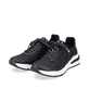 
Nachtschwarze Rieker Damen Sneaker Low M6601-00 mit einer Profilsohle mit Keilabsatz. Schuhpaar schräg.