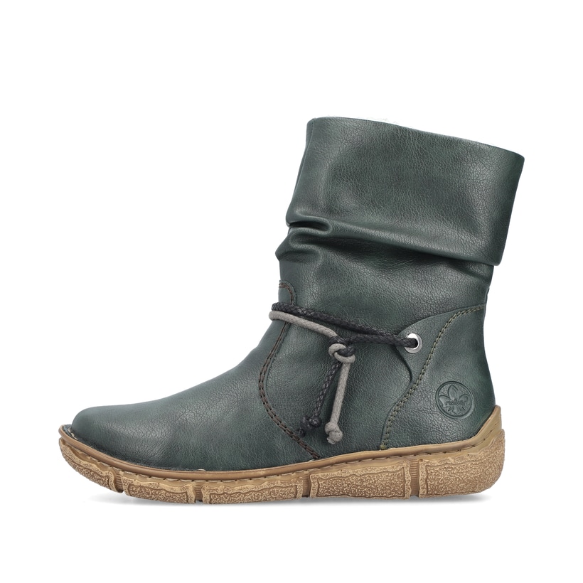 Türkisfarbene Rieker Damen Kurzstiefel Z3774-54 mit modischer Kordel. Schuh Außenseite.