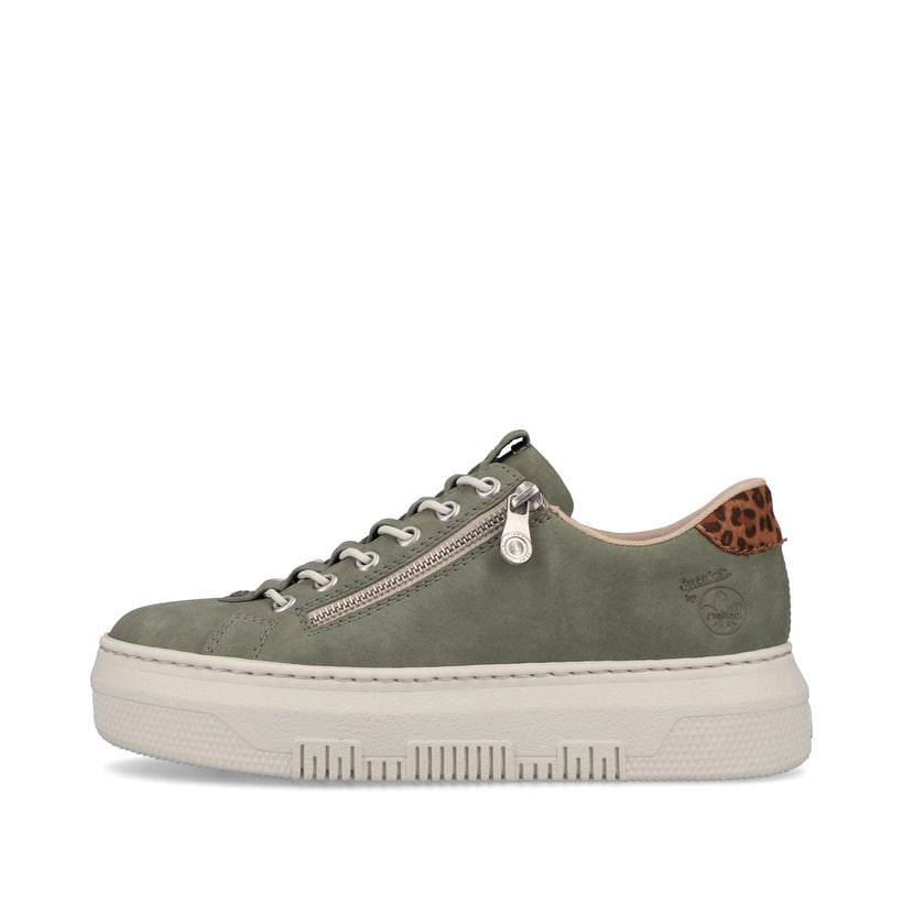 Grüne Rieker Damen Sneaker Low M1952-52 mit Reißverschluss sowie geprägtem Logo. Schuh Außenseite.