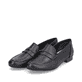 Schwarze Rieker Damen Loafer 51954-01 mit einem Elastikeinsatz. Schuhpaar seitlich schräg.