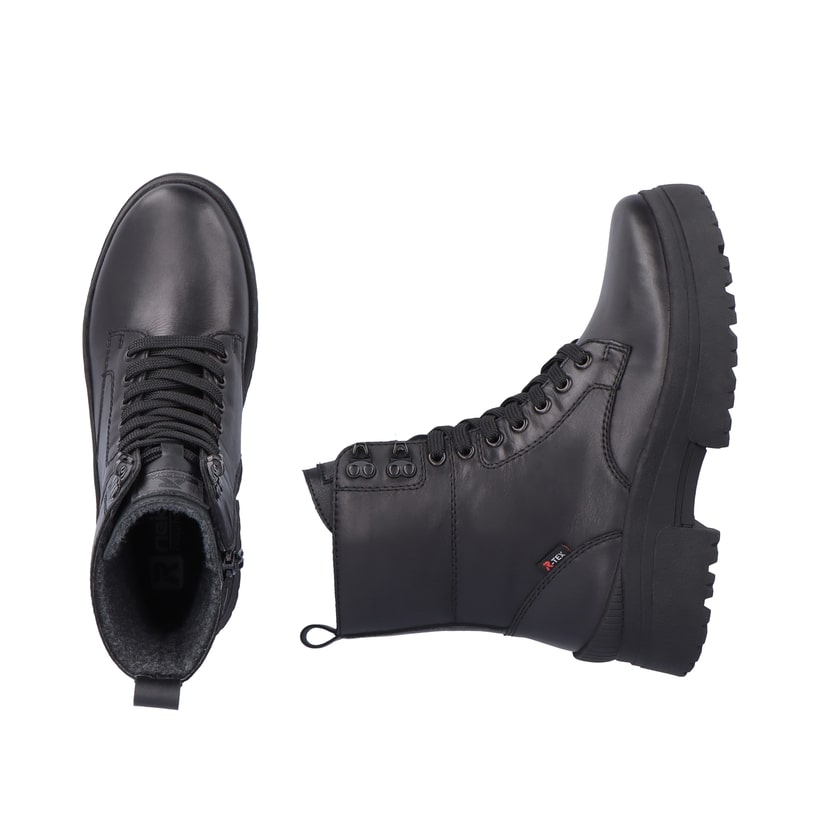 Schwarze Rieker EVOLUTION Damen Stiefel W0371-00 mit Schnürung und Reißverschluss. Schuhpaar von oben.