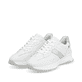 Weiße Rieker Damen Sneaker Low W1301-80 mit strapazierfähiger Sohle. Schuhpaar seitlich schräg.
