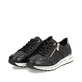 Tiefschwarze Rieker Damen Sneaker Low N1406-00 mit goldenen Details. Schuhpaar seitlich schräg.