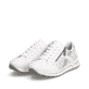Weiße Rieker Damen Sneaker Low N1403-80 mit Reißverschluss sowie Extraweite H. Schuhpaar seitlich schräg.