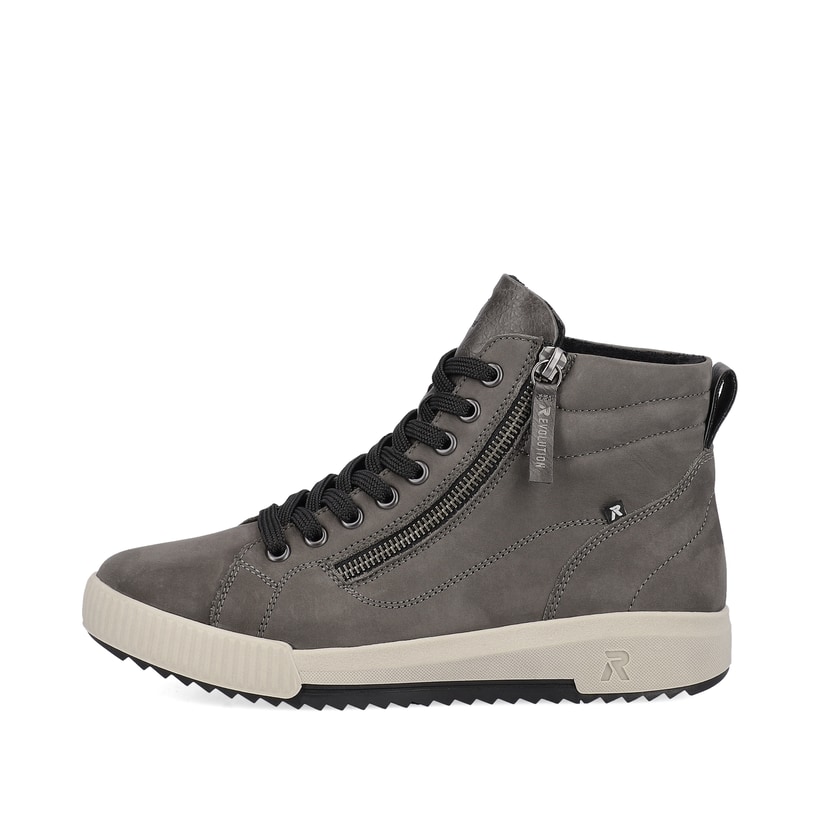 Graue Rieker Damen Sneaker High W0164-45 mit leichter und griffiger Sohle. Schuh Außenseite.