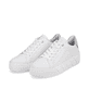 Weiße Rieker Damen Sneaker Low W0501-80 mit dämpfender und ultra leichter Sohle. Schuhpaar seitlich schräg.