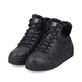 Schwarze Rieker Damen Sneaker High W0560-00 mit einer Plateausohle. Schuhpaar seitlich schräg.