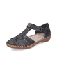 Schwarze Rieker Damen Riemchensandalen M1675-00 mit einem Klettverschluss. Schuh seitlich schräg.