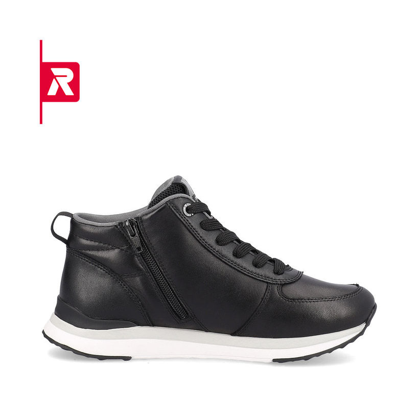 Schwarze Rieker EVOLUTION Damen Sneaker 42570-00 mit Schnürung und Reißverschluss. Schuh Innenseite.