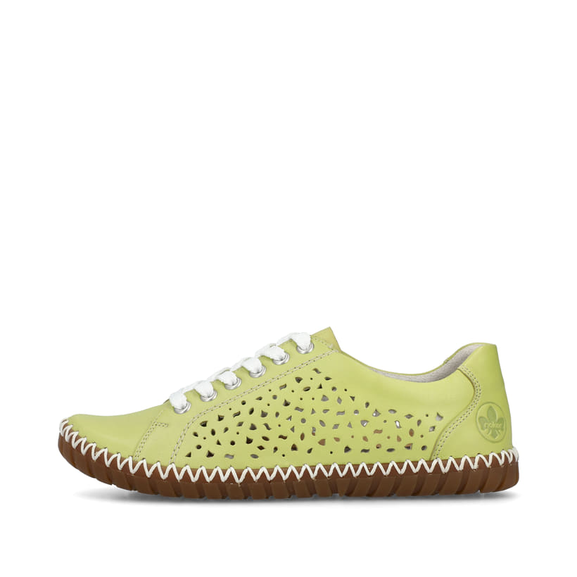 Grüne Rieker Damen Schnürschuhe M2824-52 mit weißen Ziernähten. Schuh Außenseite.