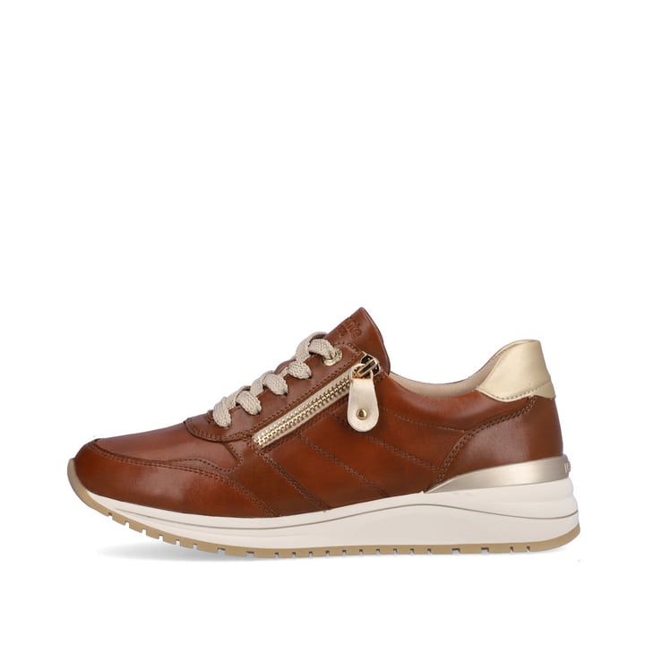 
Nougatbraune remonte Damen Sneaker R3707-24 mit einer leichten Profilsohle. Schuh Außenseite