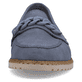 Blaue Rieker Damen Loafer 51863-10 mit Elastikeinsatz sowie modischer Kette. Schuh von vorne.