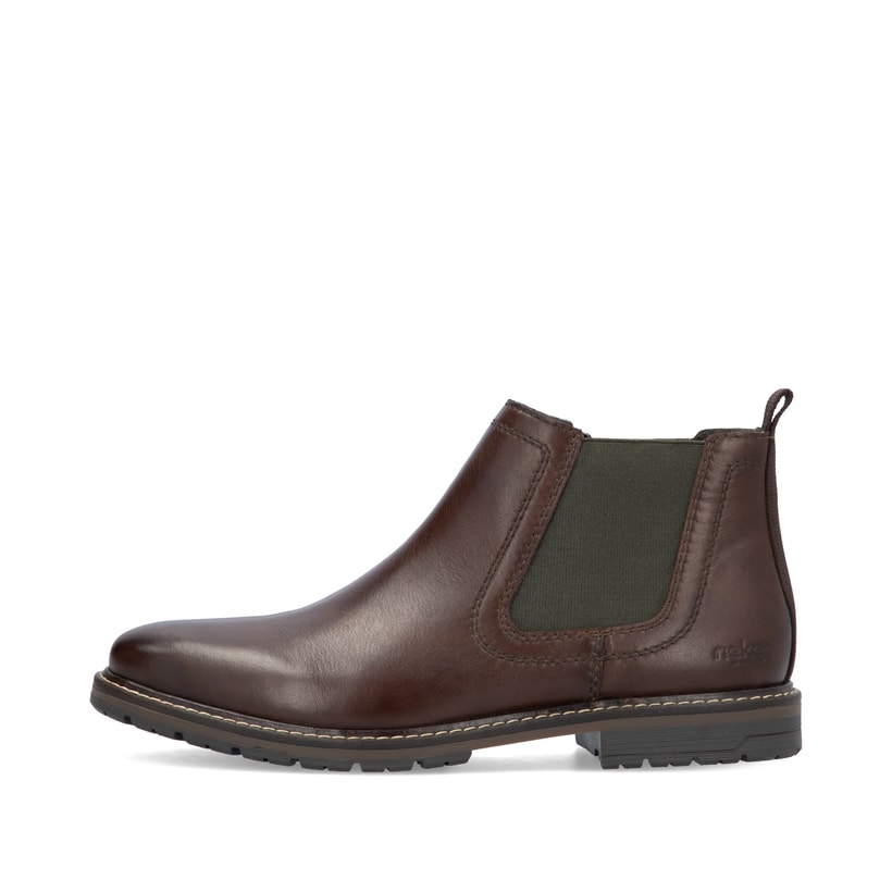 Holzbraune Rieker Herren Chelsea Boots 13757-25 mit einem Reißverschluss. Schuh Außenseite.