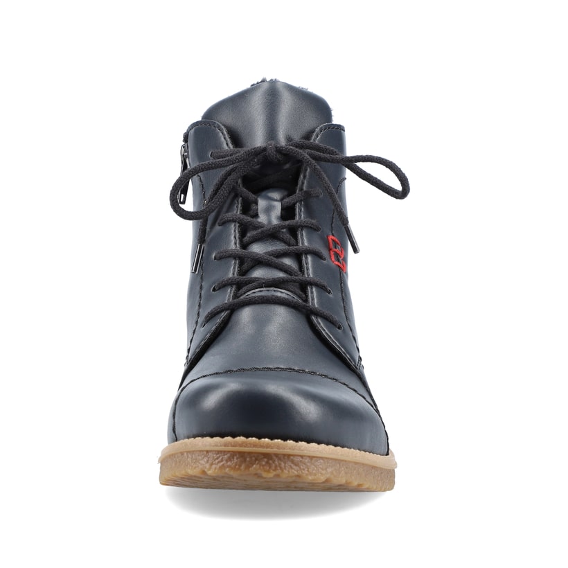 Marineblaue Rieker Damen Schnürstiefel 73500-14 mit einer robusten Profilsohle. Schuh von vorne.