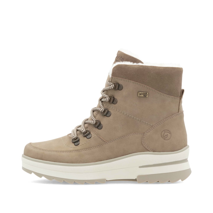 Sandbeige remonte Damen Schnürstiefel D2B74-20 mit griffiger Glass-Fibre Sohle. Schuh Außenseite.