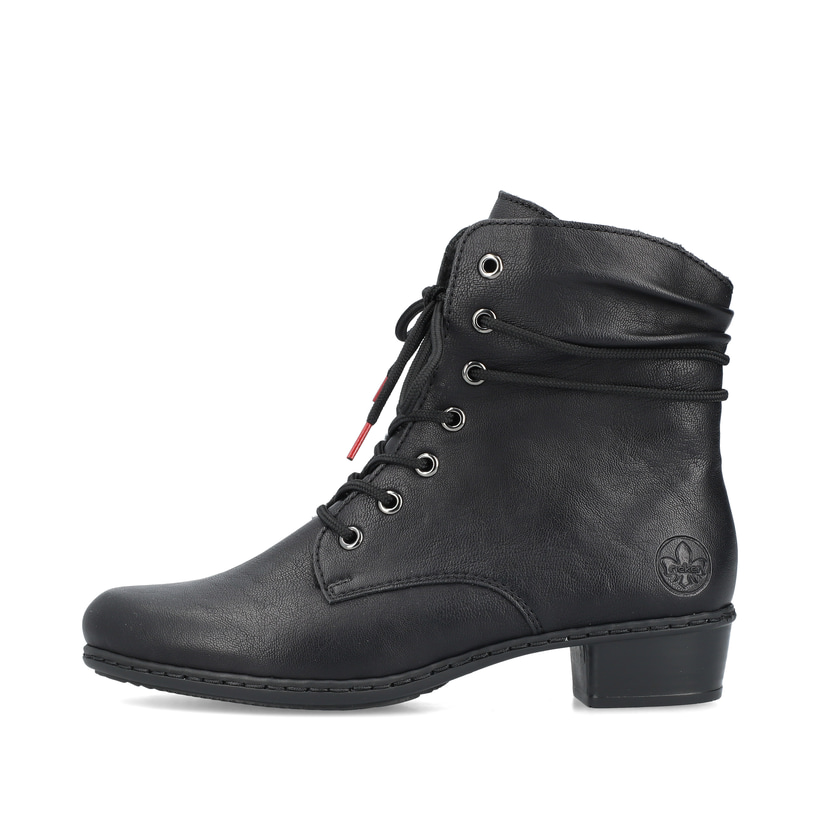 
Tiefschwarze Rieker Damen Stiefeletten Y0701-00 mit Schnürung und Reißverschluss. Schuh Außenseite